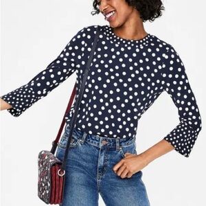 Like New Boden Althea Flare Cuff Polk Dot Top Navy Ivory Size 10